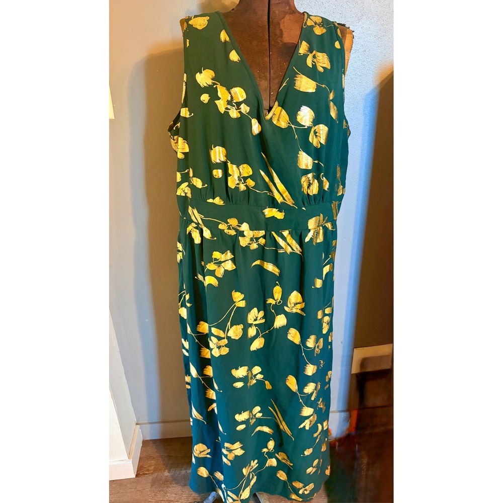 BloomChic Forest Green Gold Foil Floral Wrap V-Neck Maxi Dress Plus Size 18-20